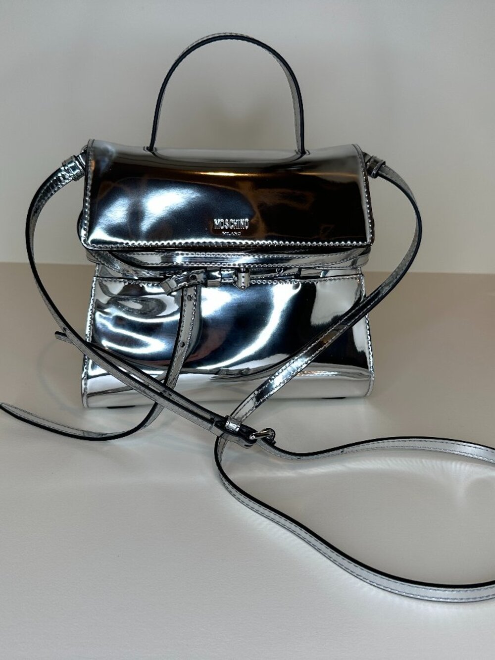 Moschino Tie Me Metallic Silver Tote Bag — Unused With Box, Dust Bag & Tags - Picture 9 of 14